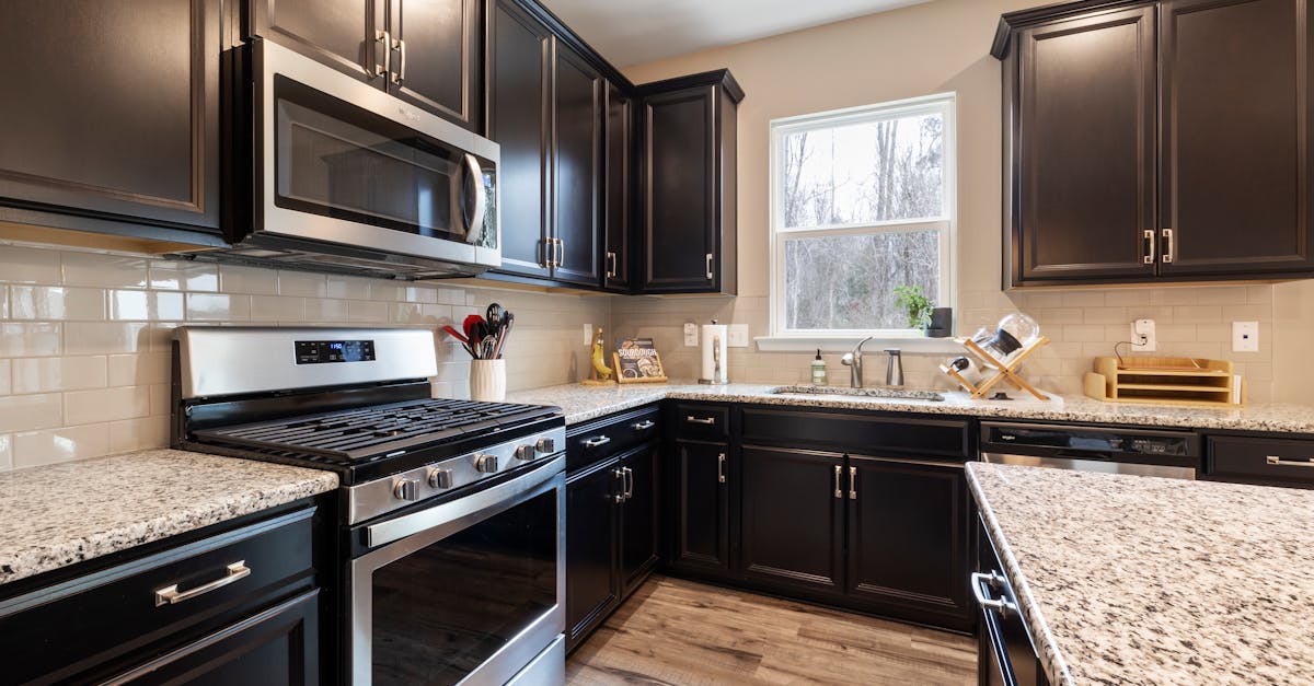 Sleek kitchen with black cabinets, stainless steel appliances, and granite countertops under natural light.